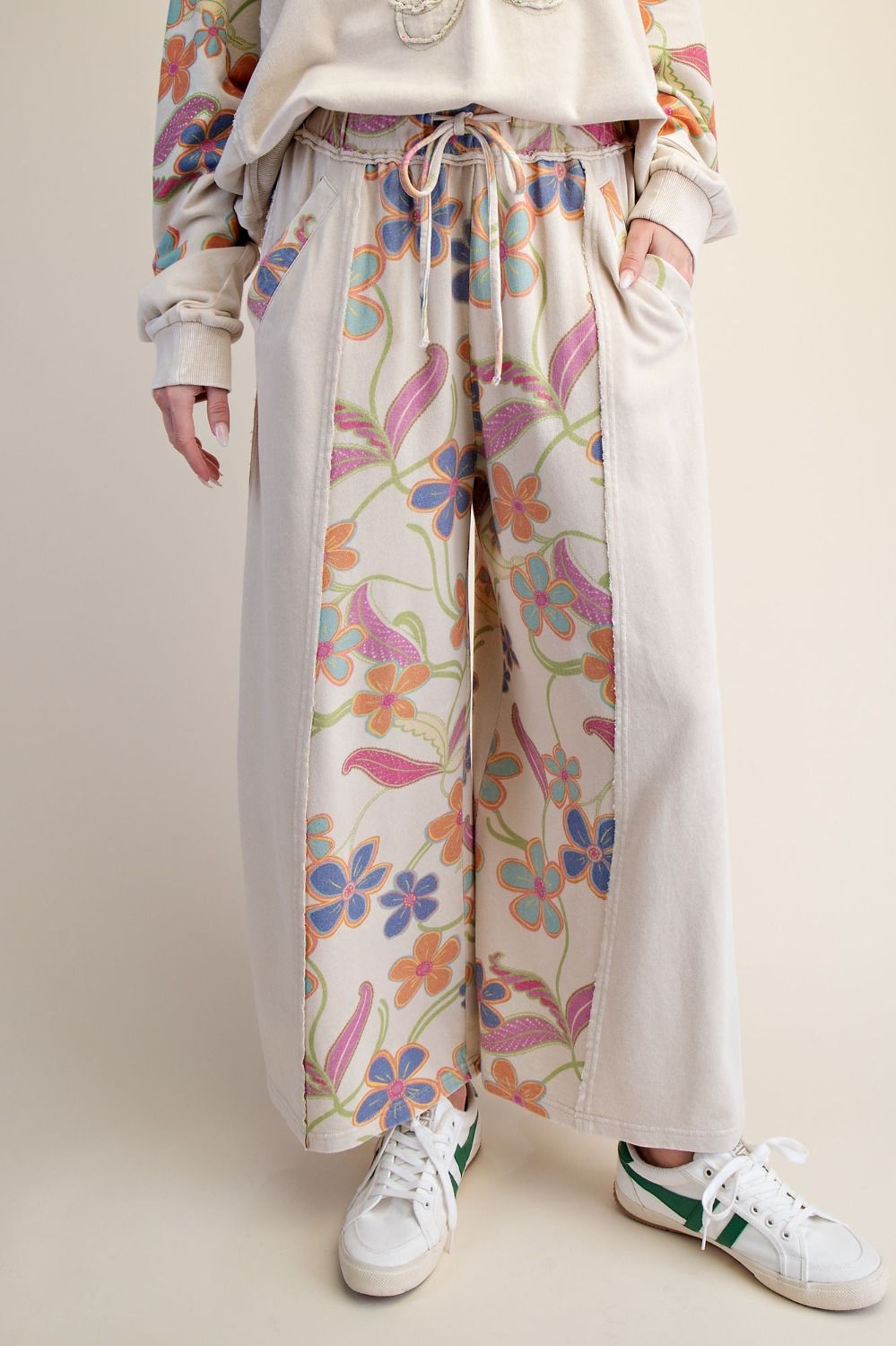 Floral Print Mix Washed Terry Pants