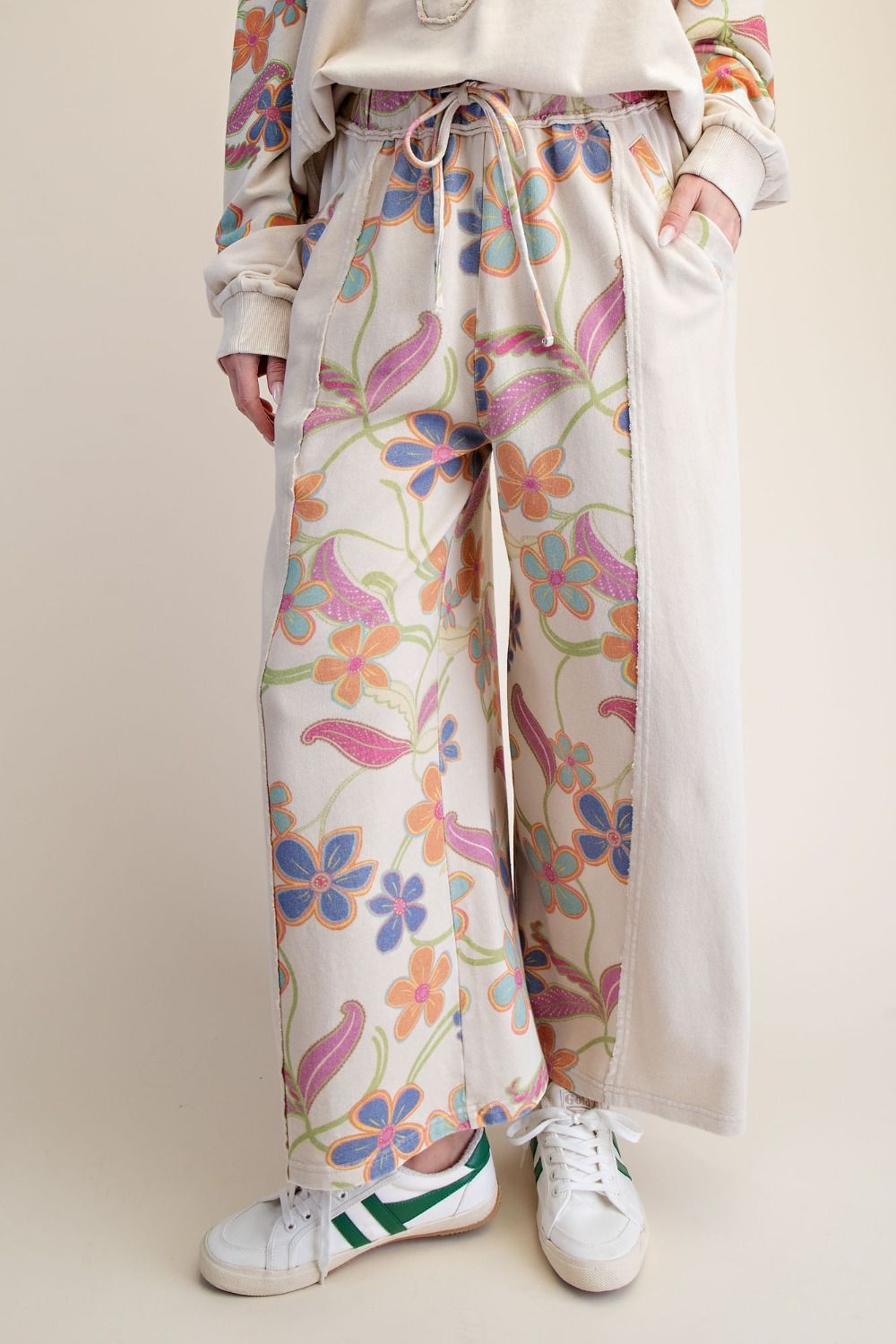 Floral Print Mix Washed Terry Pants