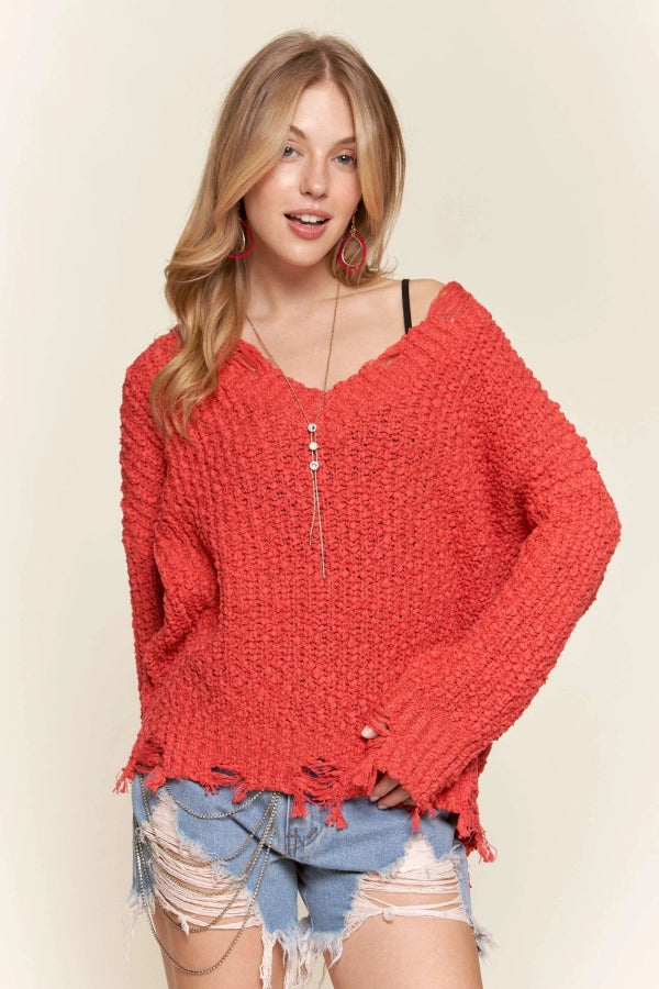 Distressed Boat Neck Knit Sweater