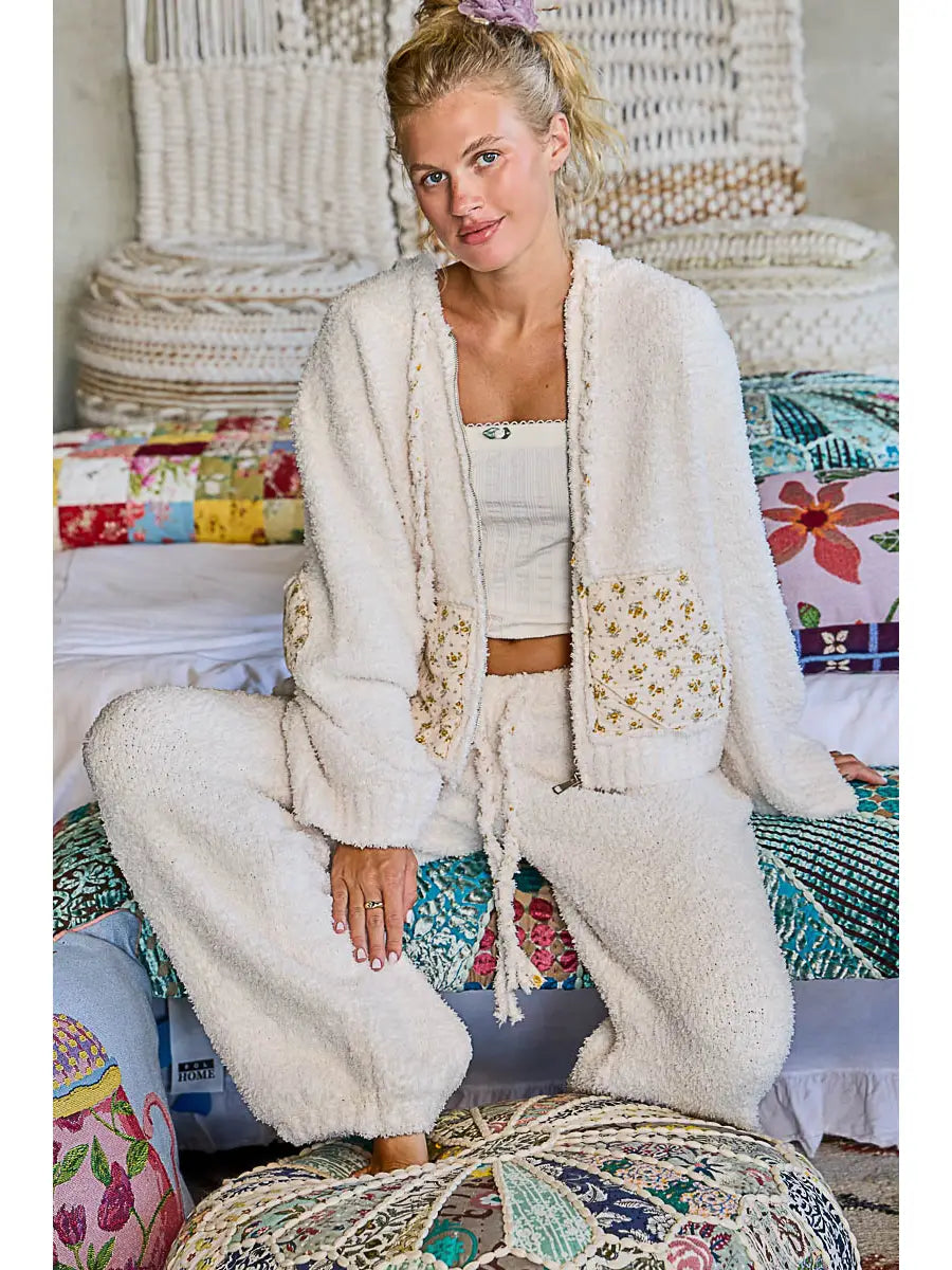 Floral Printed Cozy Berber Sweater Hoodie Zip-Up Jacket