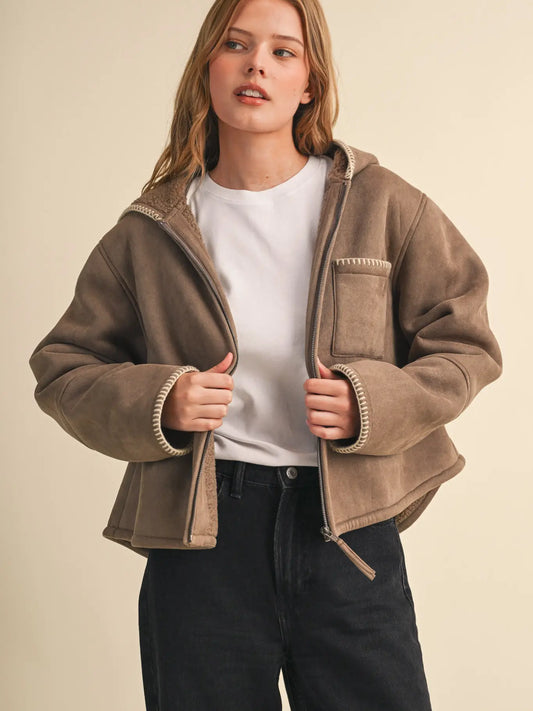Suede Faux Sherpa Hooded Jacket with Contrast Blanket Stitch