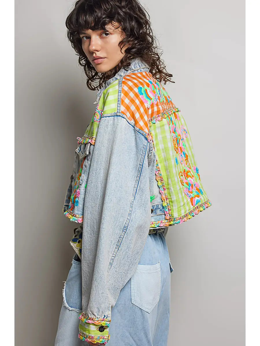 Plaid Contrast Embroidery Denim Jacket