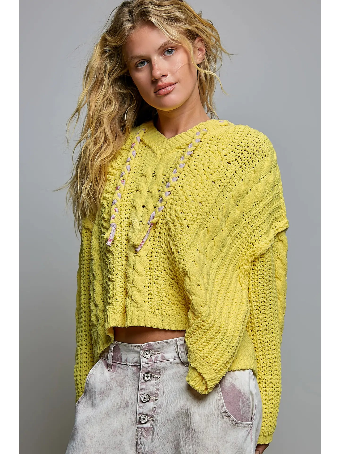Oversize Fit V-Neck Hooded Cable Knit Chenille Sweater