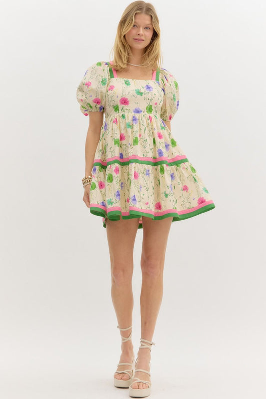 Floral Print Short Bubble Sleeve High Empire Tiered Mini Dress
