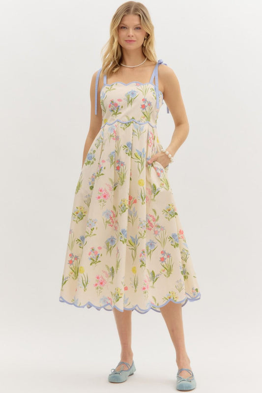 Floral Print Shoulder Tie Pullover Midi Dress