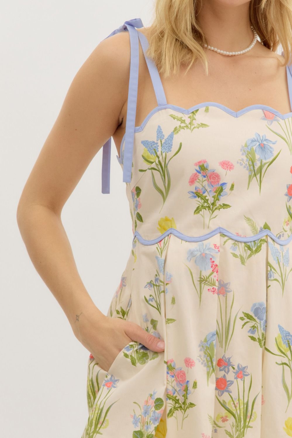 Floral Print Shoulder Tie Pullover Midi Dress