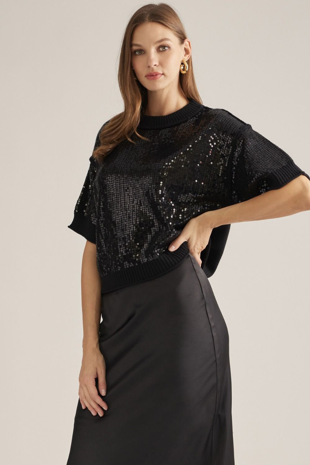Sequin Detail Short Sleeve Sweater