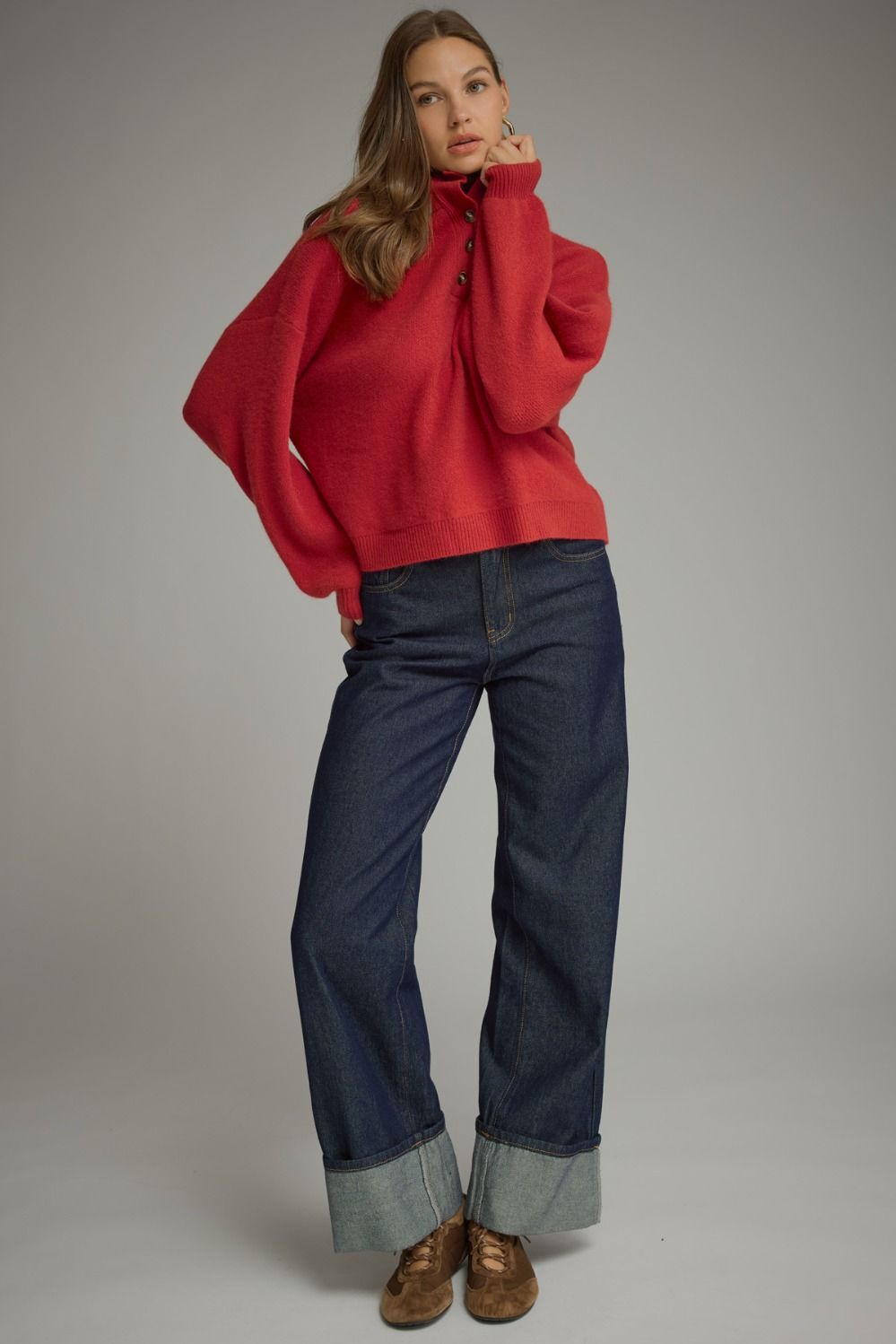 Solid Long Balloon Sleeve Sweater Top