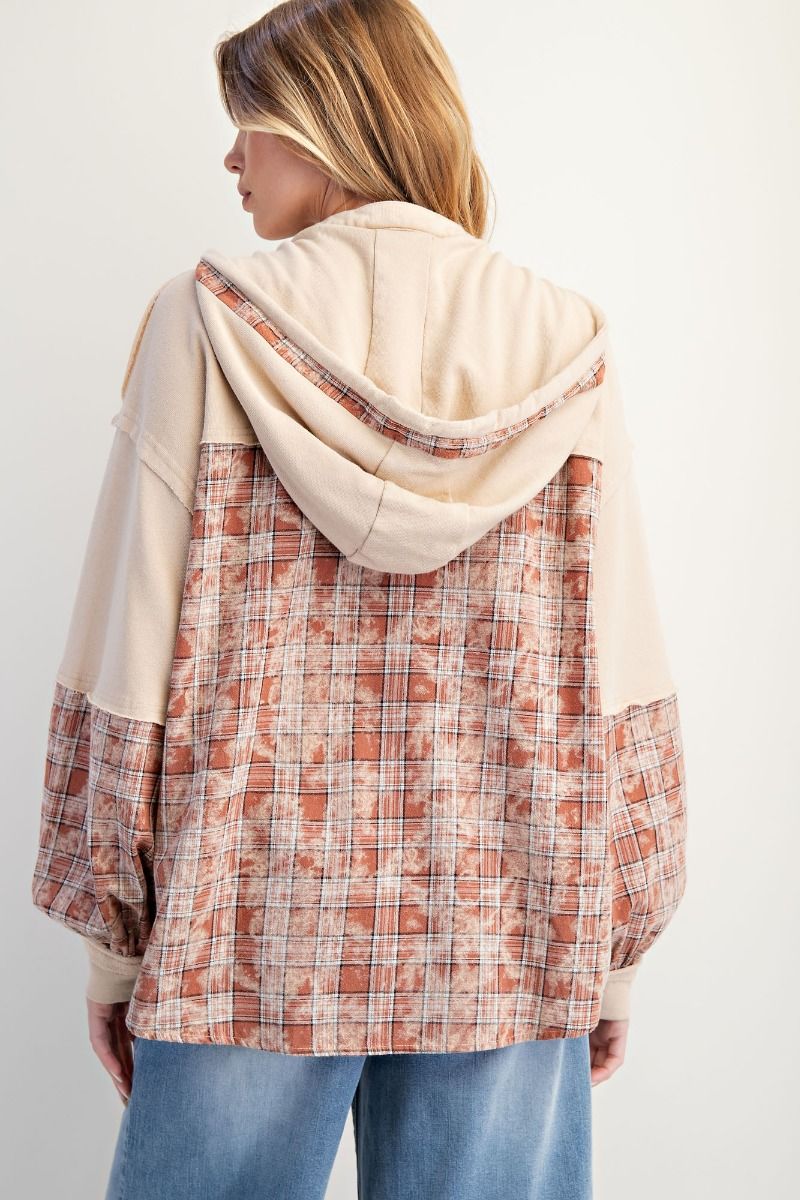 Plaid Mix Washed Henley Hoodie Pullover