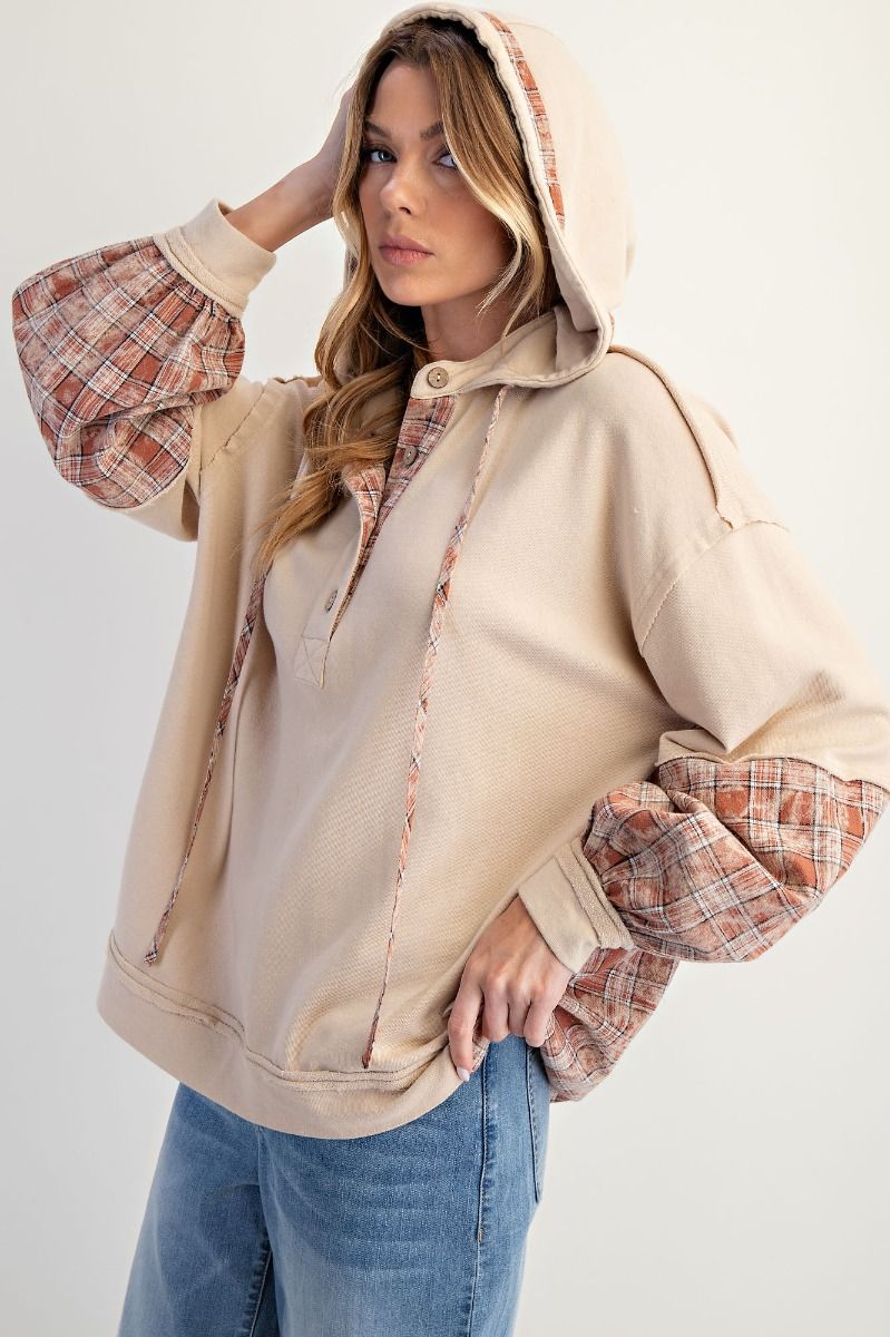 Plaid Mix Washed Henley Hoodie Pullover