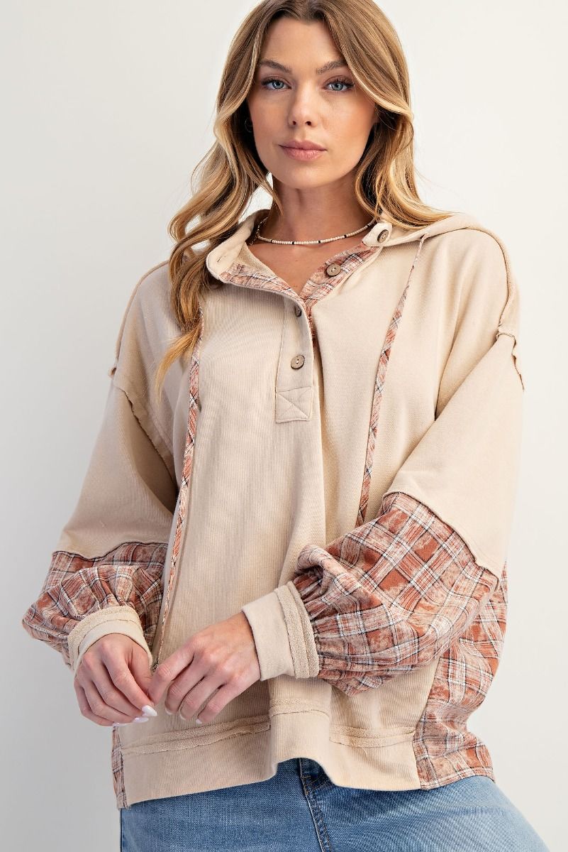 Plaid Mix Washed Henley Hoodie Pullover