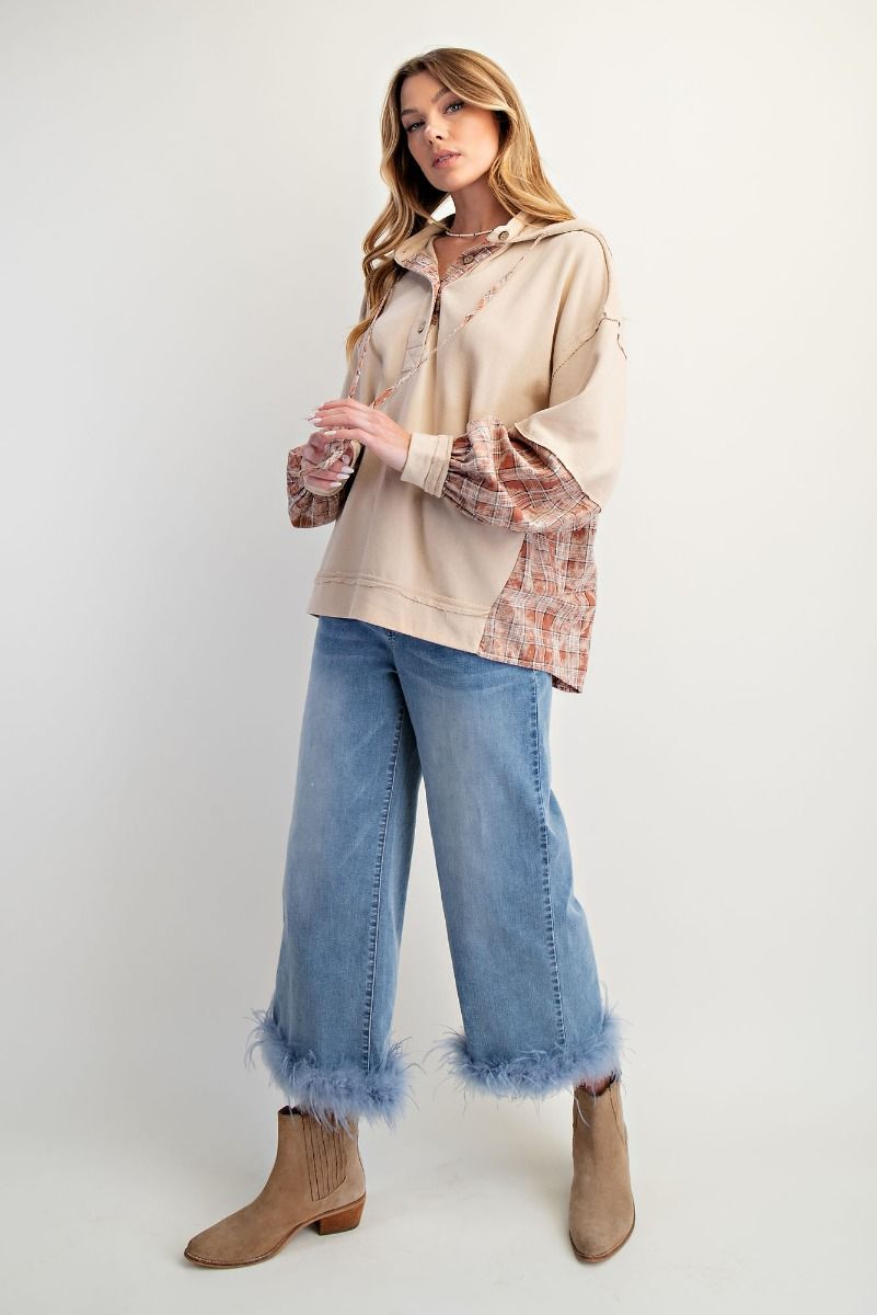 Plaid Mix Washed Henley Hoodie Pullover
