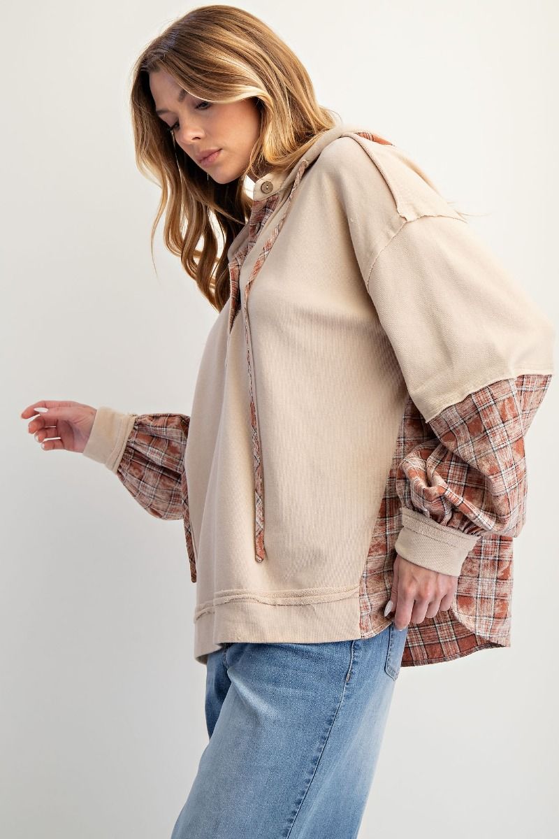 Plaid Mix Washed Henley Hoodie Pullover