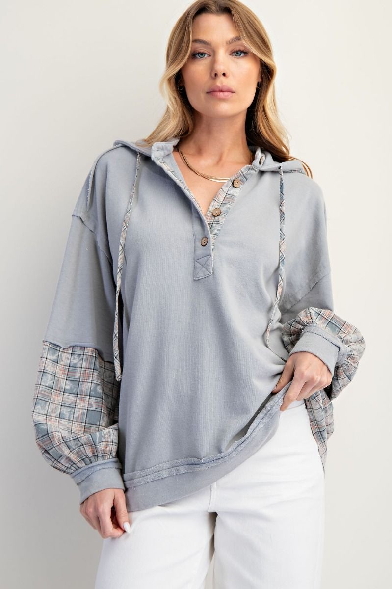 Plaid Mix Washed Henley Hoodie Pullover