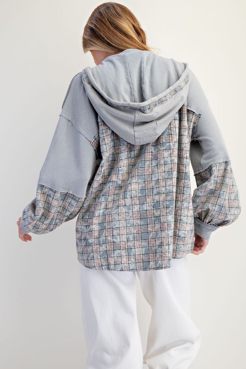 Plaid Mix Washed Henley Hoodie Pullover