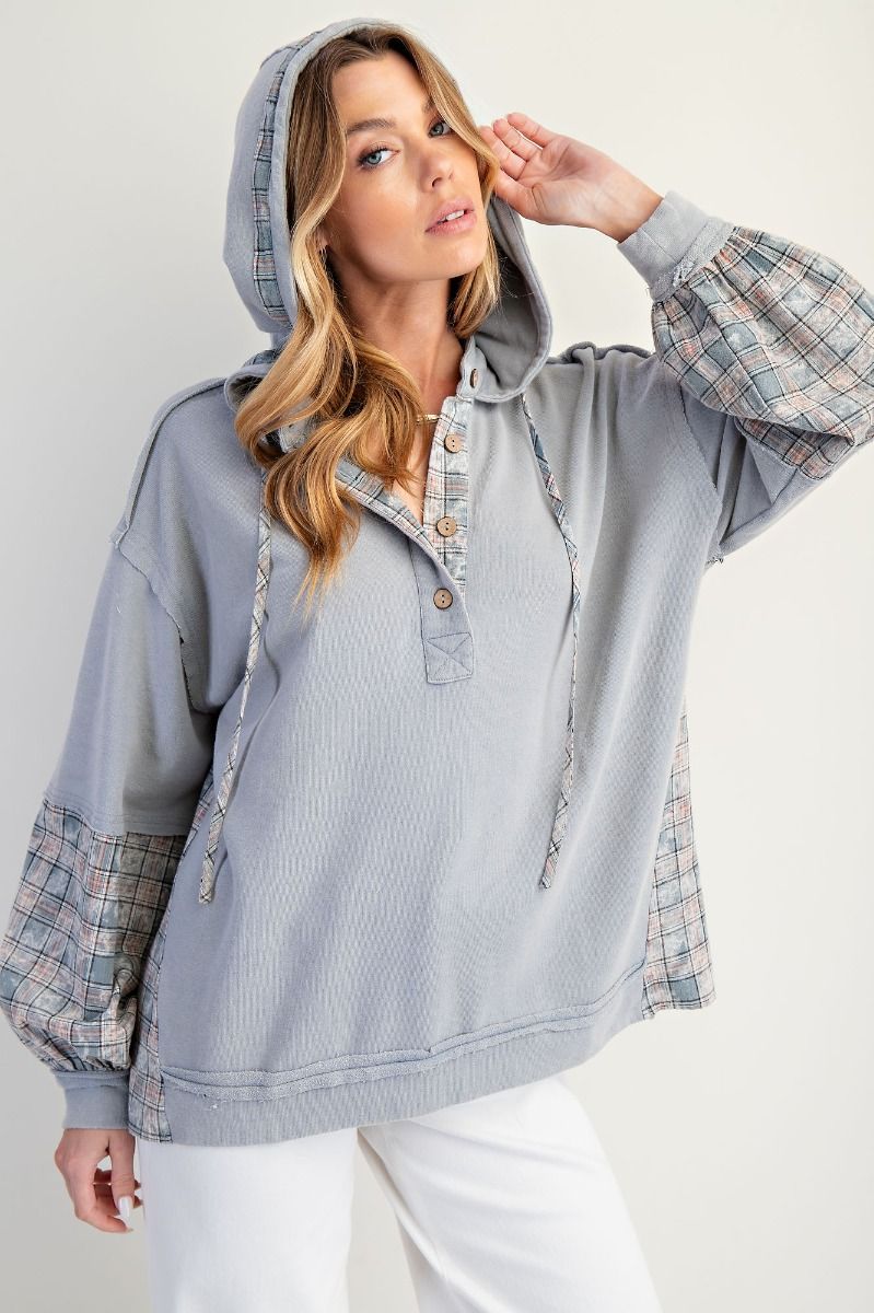 Plaid Mix Washed Henley Hoodie Pullover