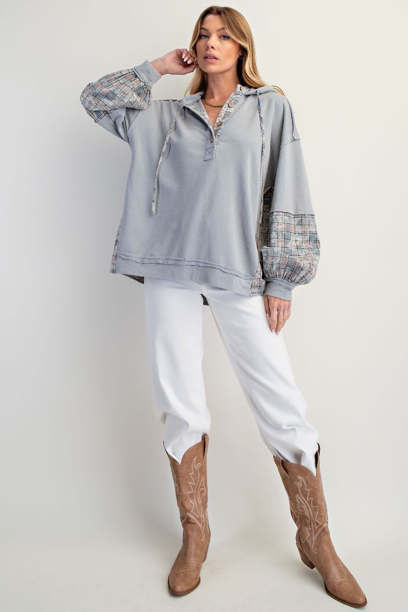 Plaid Mix Washed Henley Hoodie Pullover