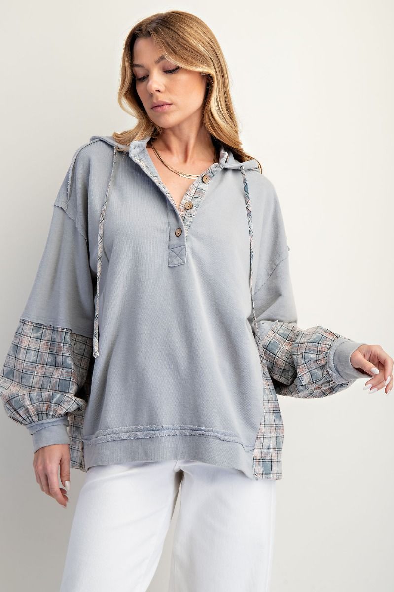 Plaid Mix Washed Henley Hoodie Pullover