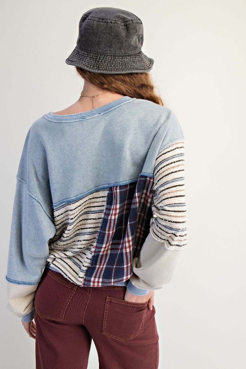 Plaid Mix Washed Terry Pullover