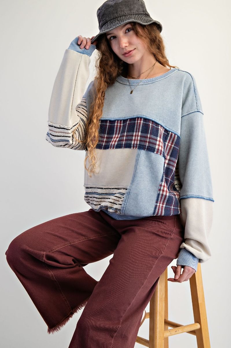 Plaid Mix Washed Terry Pullover