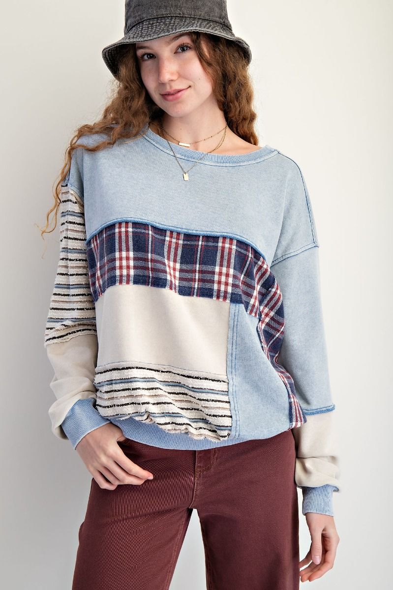 Plaid Mix Washed Terry Pullover