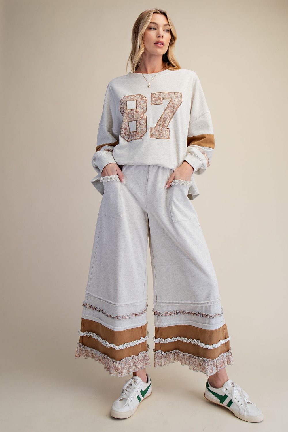 Color Mix Bottom Hem Washed Terry Pants