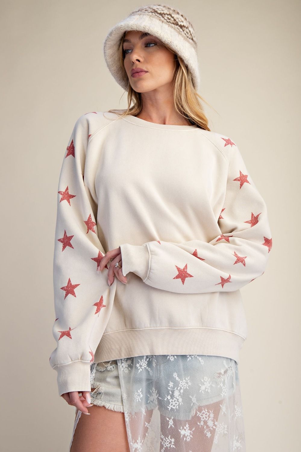Star Printed Washed Terry Pullover
