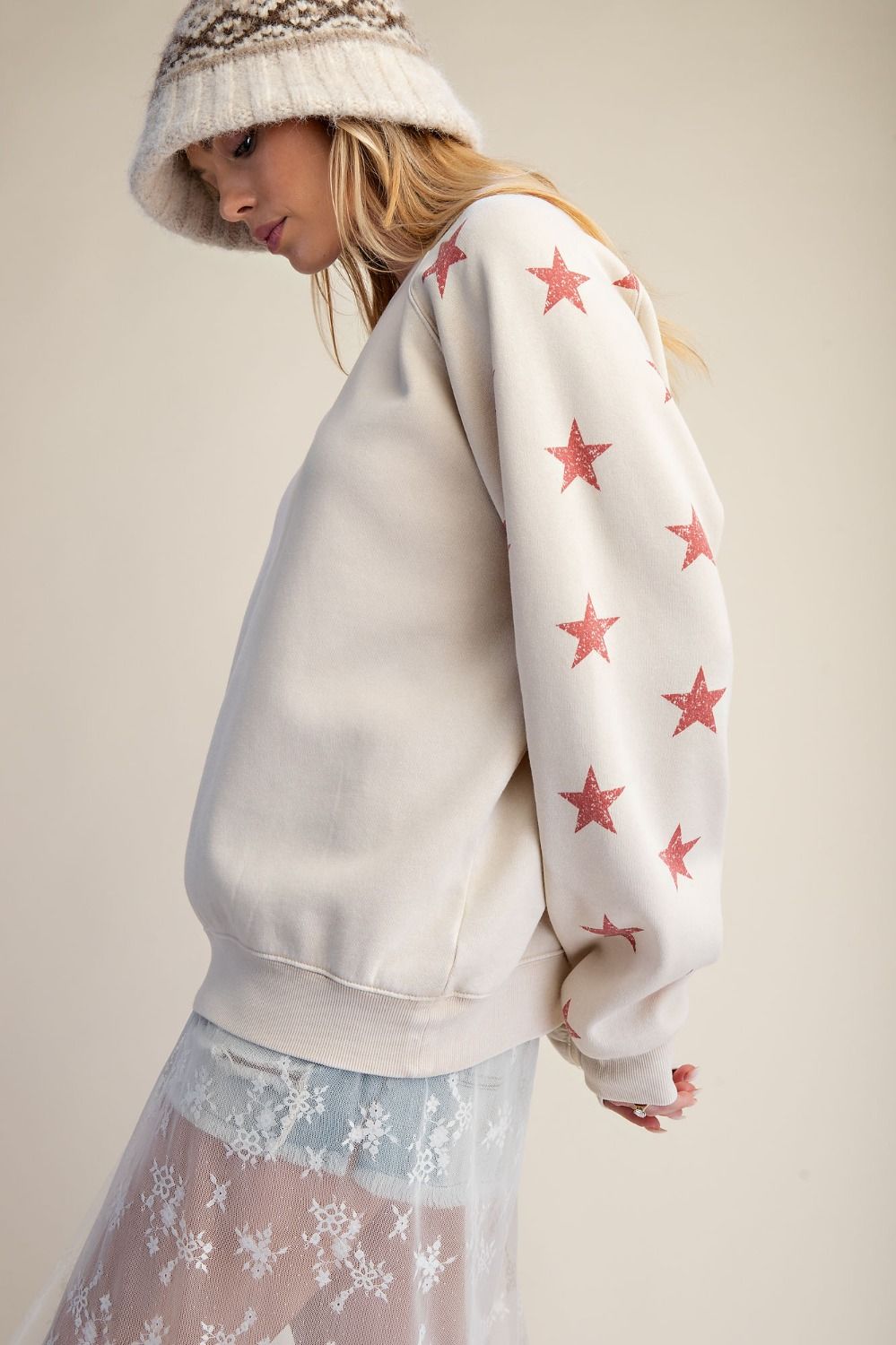 Star Printed Washed Terry Pullover