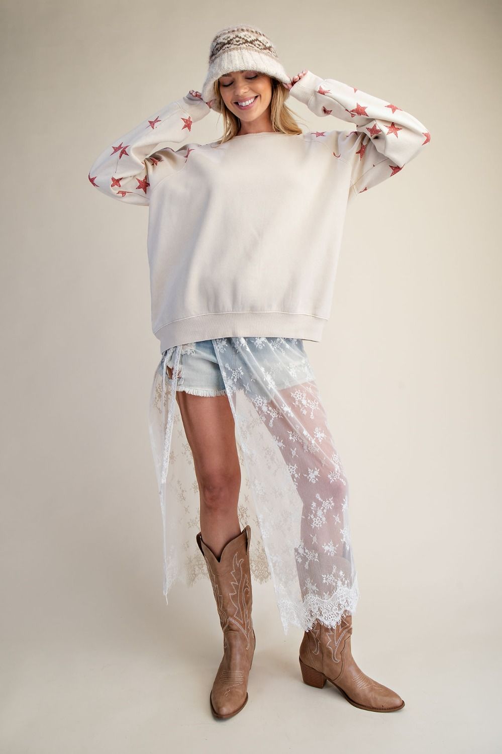 Star Printed Washed Terry Pullover