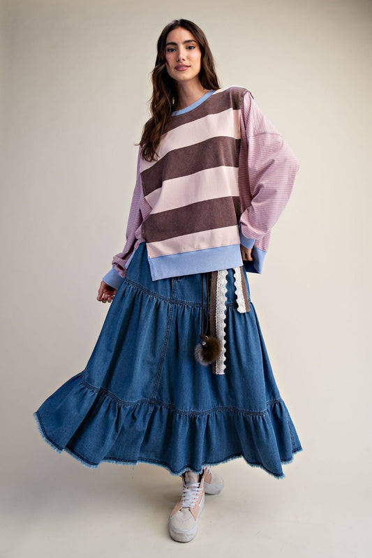 Stripe MIx Washed Terry Pullover