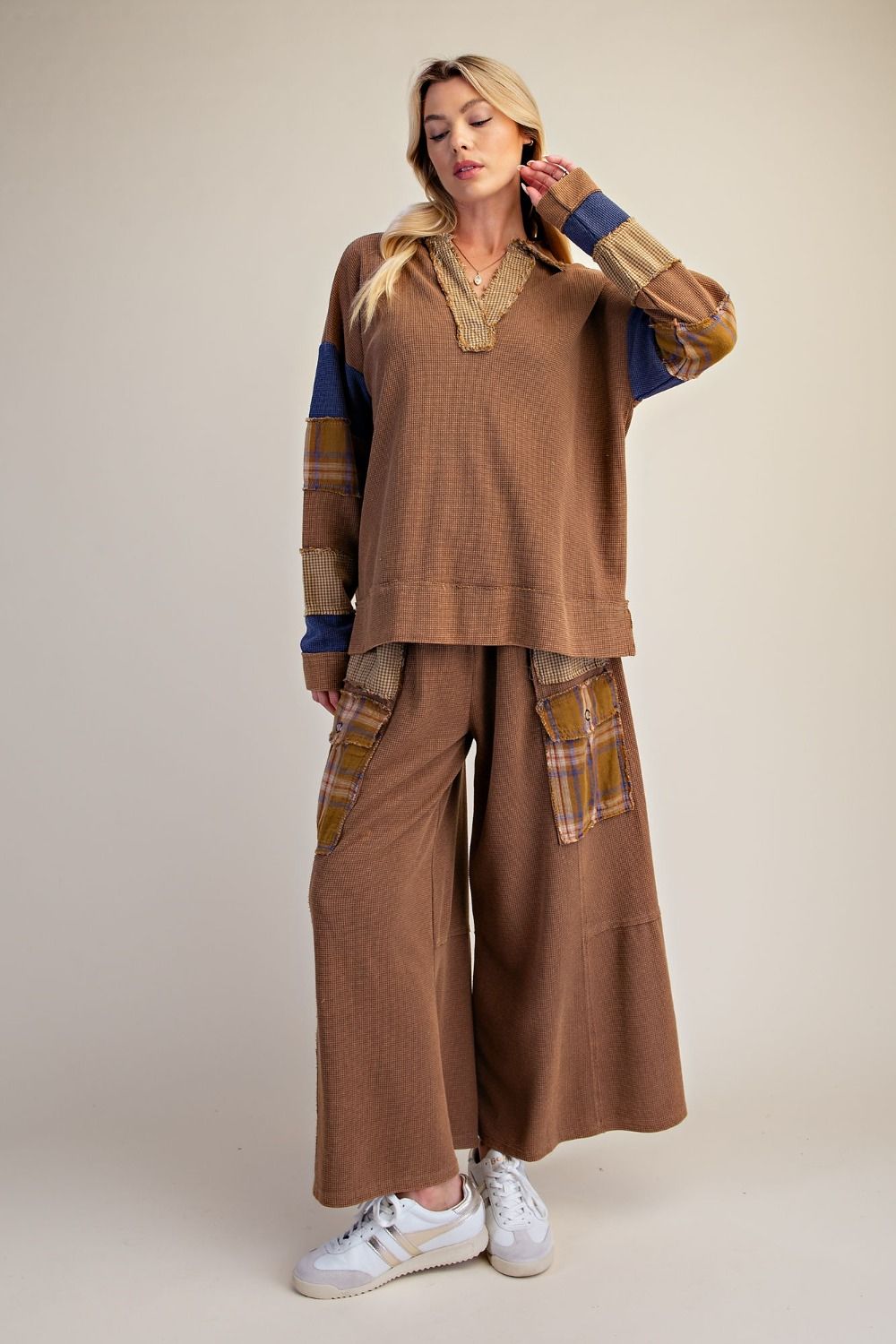 Patchwork Thermal Knit Washed Top