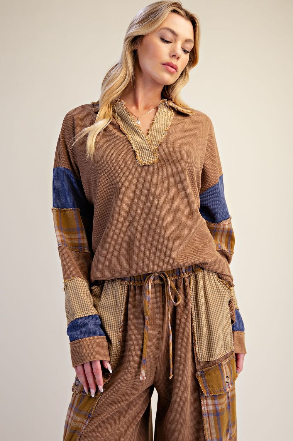 Patchwork Thermal Knit Washed Top