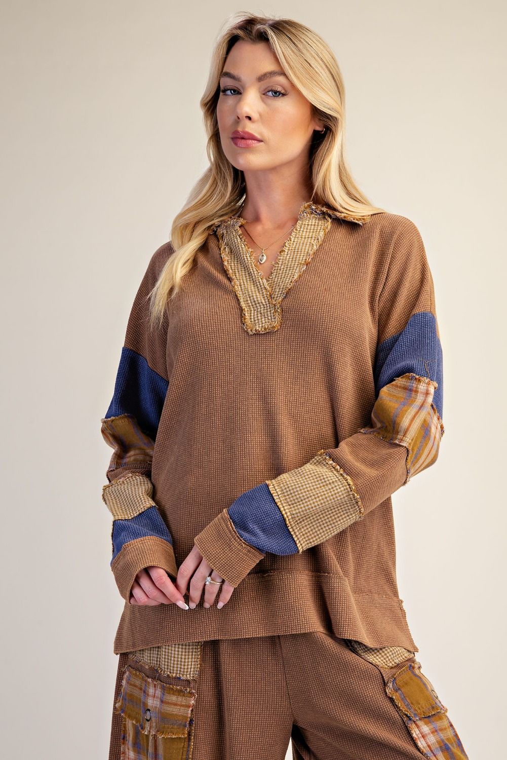 Patchwork Thermal Knit Washed Top