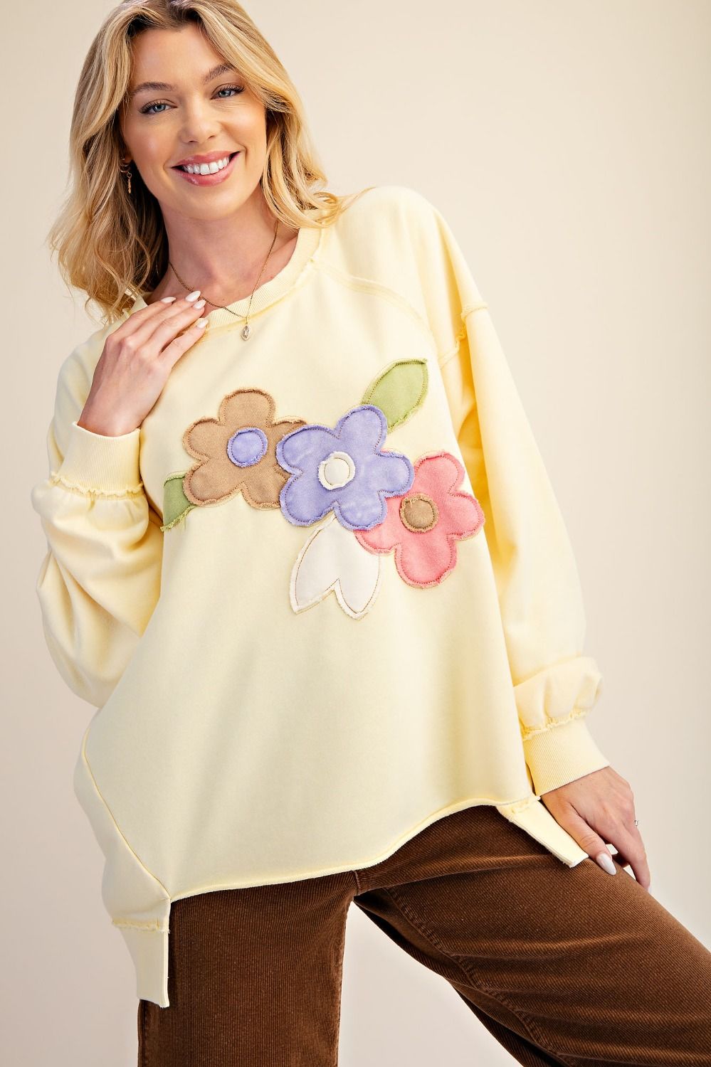 Floral Patched Washed Terry Pullover
