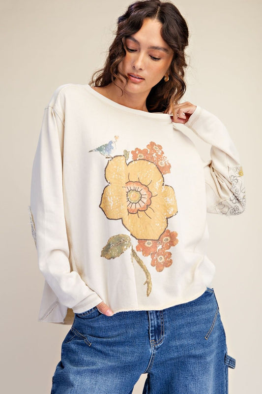Floral Print Washed Cotton Knit Top
