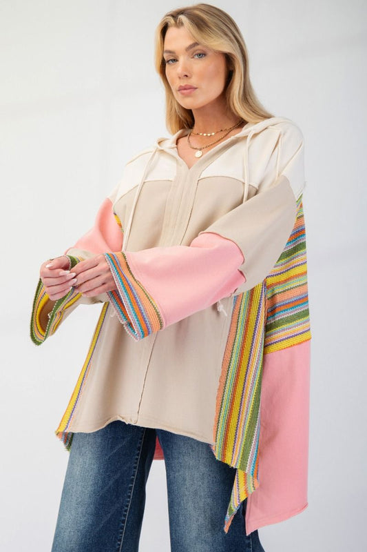 Color Block Multi Crochet Terry Knit Hoodie
