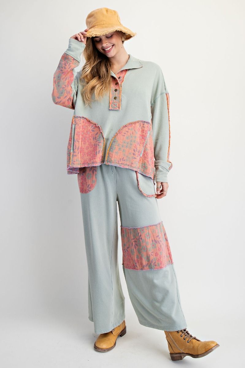 Floral Print Mock Neck Washed Terry Pullover