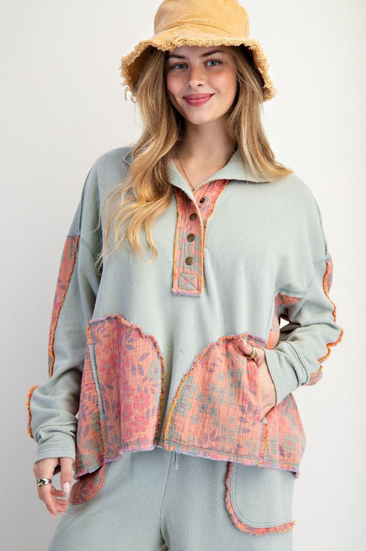 Floral Print Mock Neck Washed Terry Pullover
