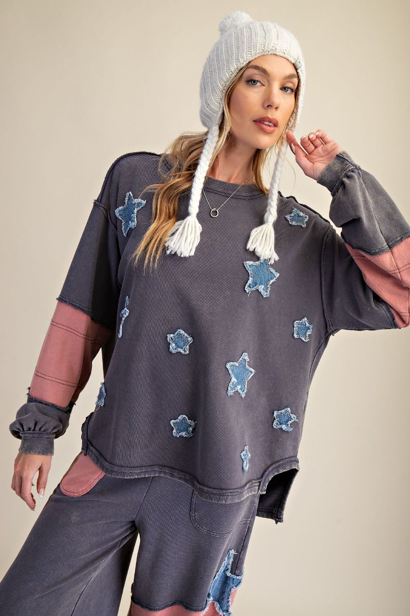 Star Patch Detailing Washed Terry Pullover