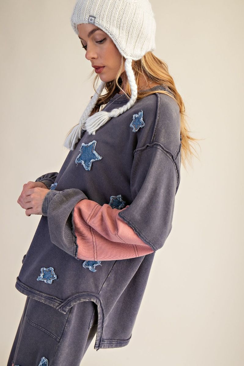 Star Patch Detailing Washed Terry Pullover