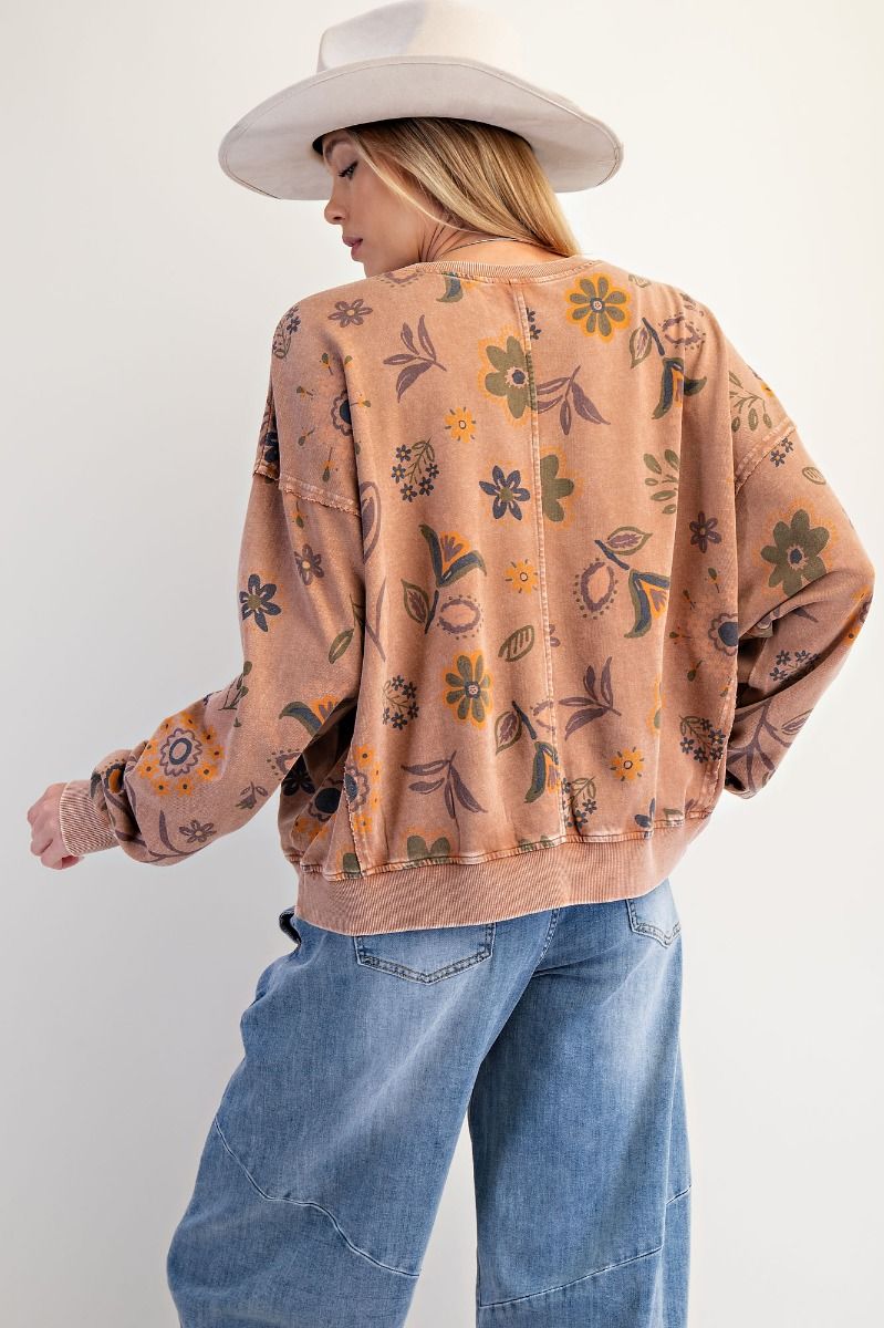 Floral Print Washed Terry Pullover