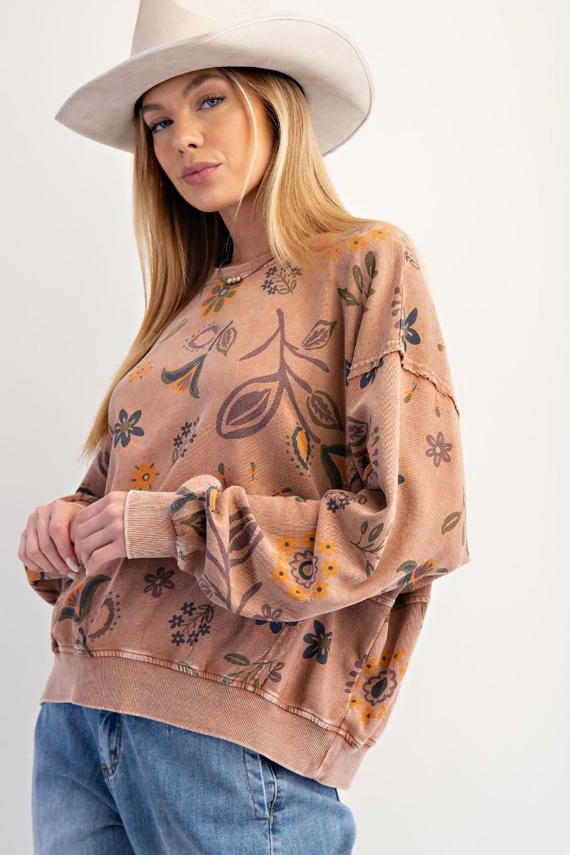 Floral Print Washed Terry Pullover