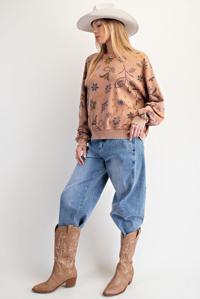 Floral Print Washed Terry Pullover