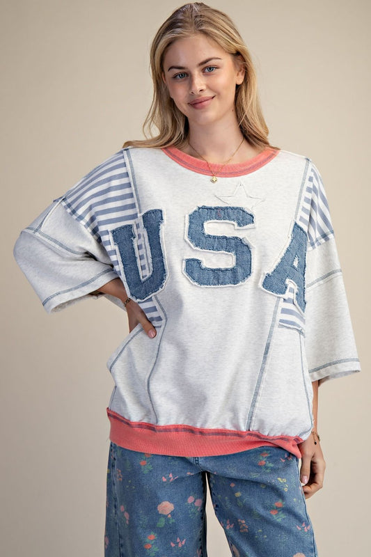 USA Patch Front Stripe Mix Washed Terry Pullover