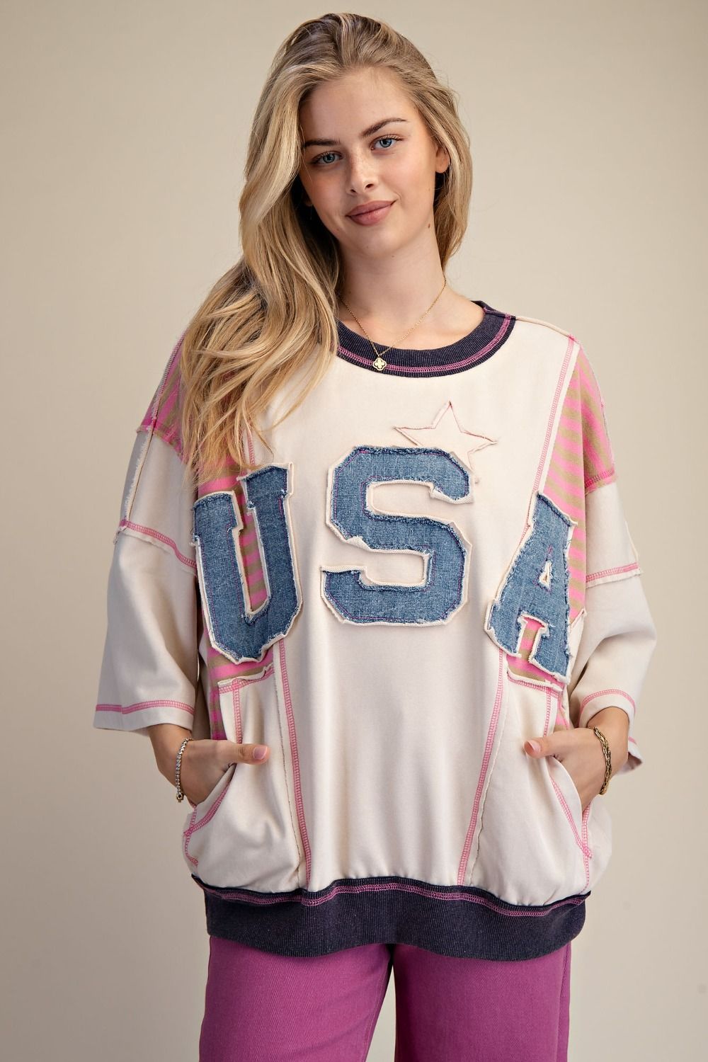 USA Patch Front Stripe Mix Washed Terry Pullover
