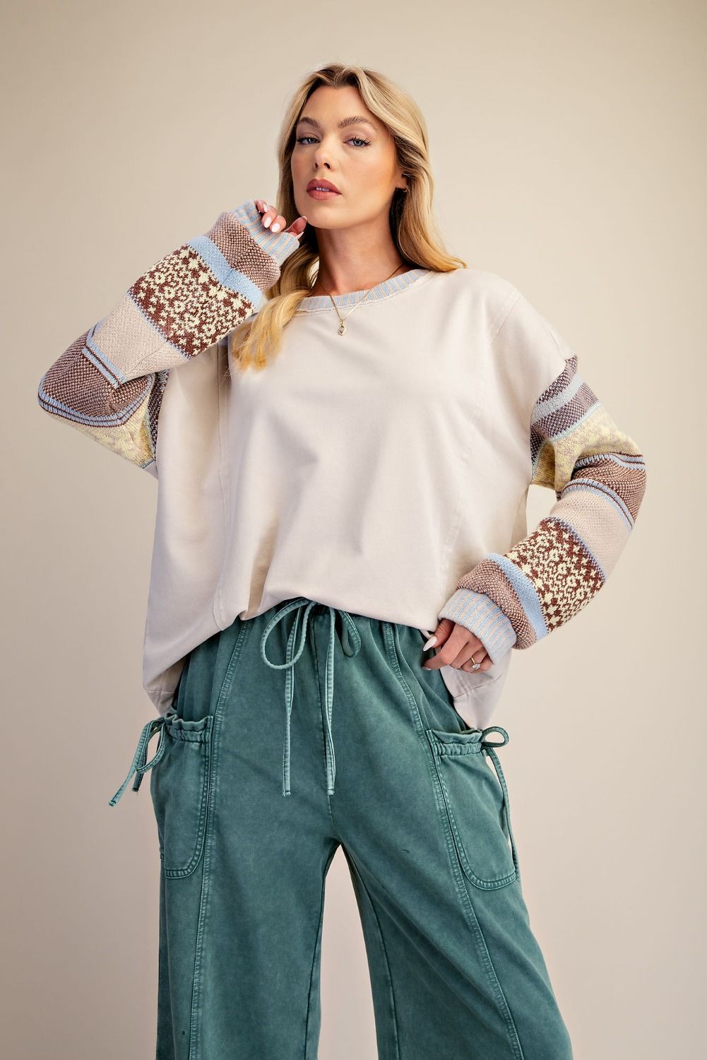 Multi Thread Knitted Long Sleeve Washed Terry Pullover