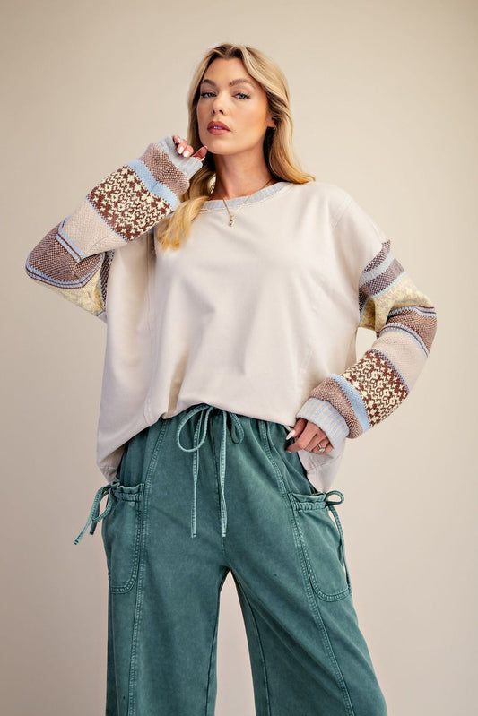 Multi Thread Knitted Long Sleeve Washed Terry Pullover