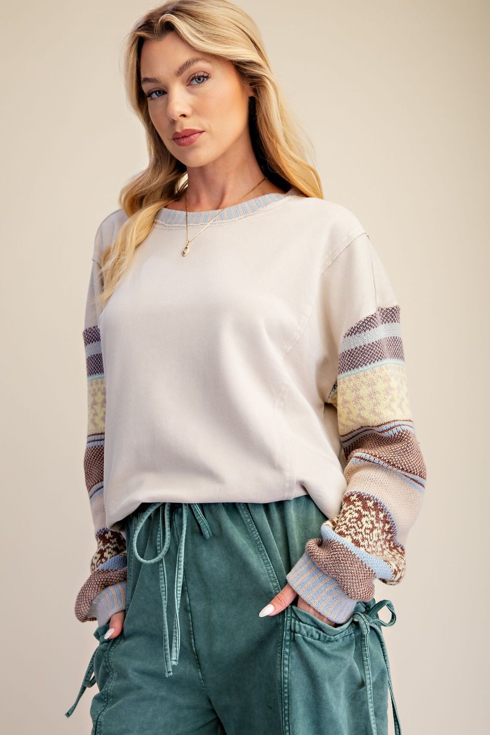 Multi Thread Knitted Long Sleeve Washed Terry Pullover