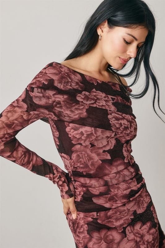 Metallic Floral Off The Shoulder Dress