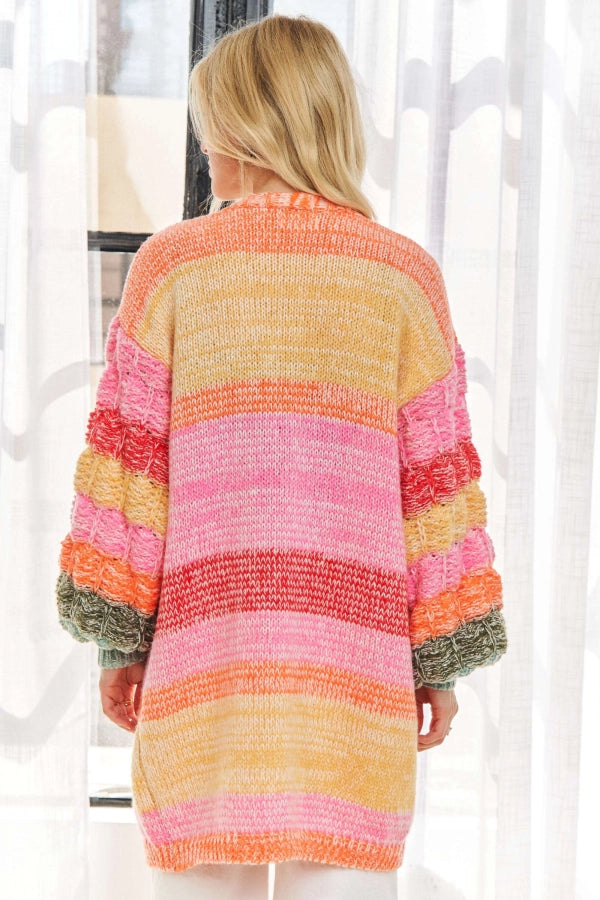 Long Puff Sleeve Multi Color Stripe Sweater Cardigan